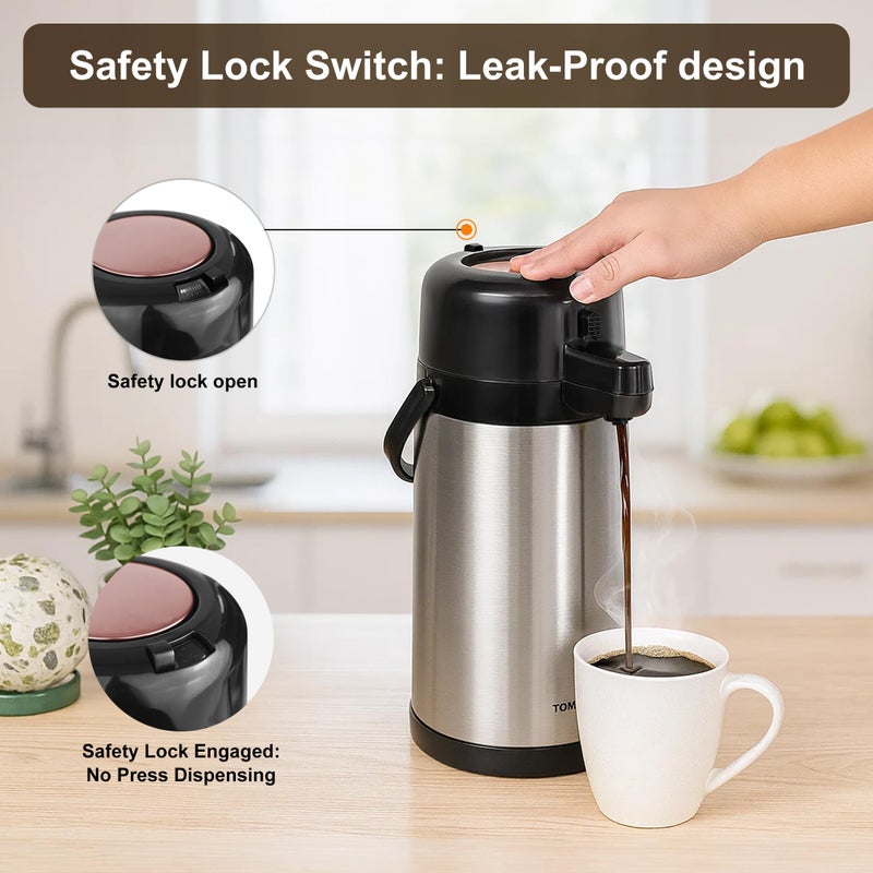  TOMAKEIT TOMAKEIT Airpot Coffee Carafe for Keeping Hot,102oz/3L Coffee Dispenser Thermal with Pump,Insulated Stainless Steel Hot Beverage Dispenser for Parties,Thermal Carafe for Hot Drinks Water Tea Chocolate - Image 5